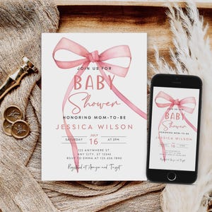Bearbeitbare rosa Schleifen-Babypartyeinladung, Band-Bogen-Dusche einladen, rosa Kokette Babypartyeinladungsvorlage, Sofort-Download, B-752