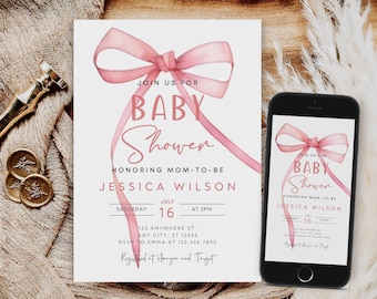 Pink Bow Baby Shower Invitation Template (Digital Download)