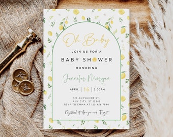 May include: A lemon-themed baby shower invitation with a watercolor illustration of lemons and greenery. The invitation reads "Oh Baby" and includes the details of the event: "Join us for a Baby Shower Honoring Jennifer Morgan, April 16, 2:00 PM, 123 Anywhere St., Any City, ST 12345, RSVP to Emma at 123.456.7890, Registered at Amazon and Target."