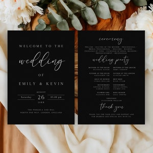 Schwarzes Hochzeitsprogramm, Ordnung des Service, bearbeitbares Hochzeitsprogramm, sofortiger Download, Hochzeitszeremonie
