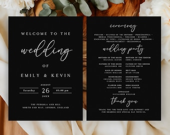 Black Wedding Program Template, Editable Ceremony Order (Instant Download)