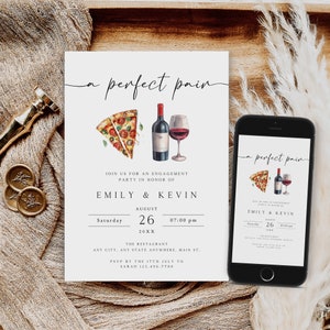 Perfect Pair Engagement Party Invitation, Pizza and Wine Engagement Invite, Engagement Invitation Template, Engagement Party Evite, PI-104