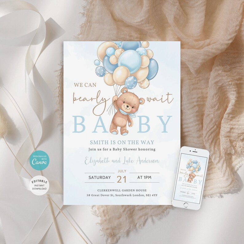 Editable Brown Bear Balloon Baby Shower Invitation, We Can Bearly Wait ...