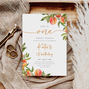 Editable Peach 1st Birthday Invitation, One Sweet Peach First Birthday Invite, Girl Birthday Invitation Template, Digital Download, B-226