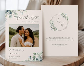 Printed Photo Save the Date Cards, Greenery Wedding Announcement, Beige Double-Sided Card