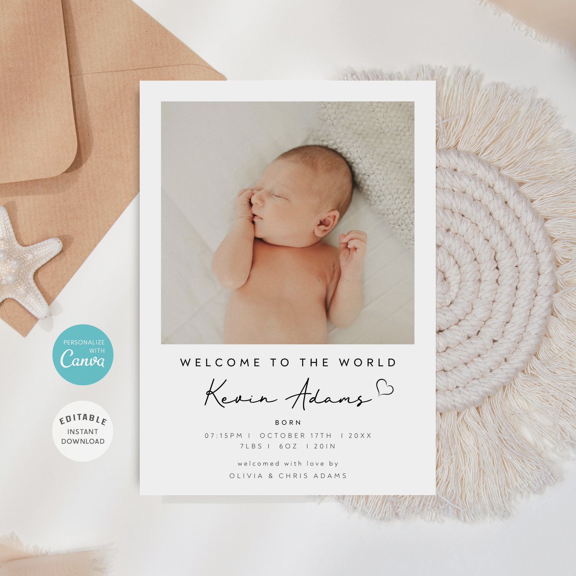 Boho Baby Photo Birth Announcement Card Template (digital Download) Etsy