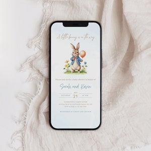 Invito elettronico per baby shower Peter Rabbit, invito per baby shower Rabbit, download digitale, baby shower con palloncino blu, download immediato B-197