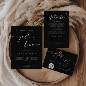 Conjunto de convites Nothing Fancy Just Love, suíte de casamento de recepção preta, cartão de RSVP com código QR, detalhes e cartões de RSVP, modelo editável, WI-240