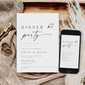Dinner Party Invitation Template, Minimalist Rehearsal Dinner Invite, Birthday Dinner Evite, Dinner Party Invite, Editable, WI-81