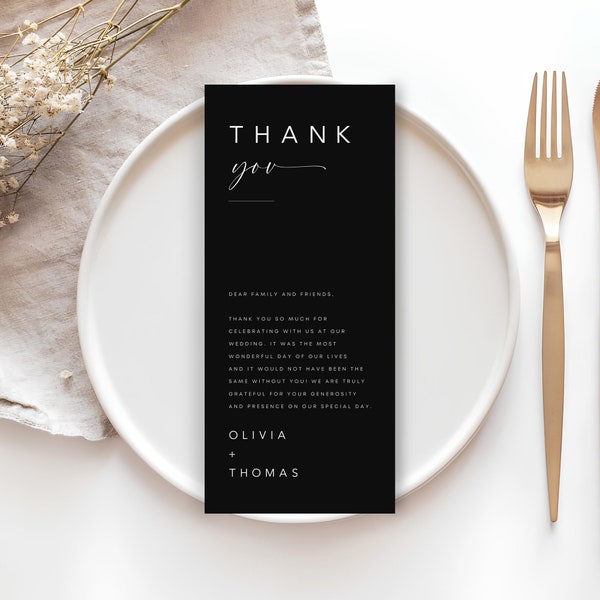 Wedding Table Thank You Card Template, Thank You Napkin Note, Place Setting Thank You, Black Thank You Card, Editable, TC-15