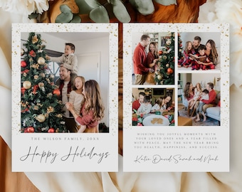 May include: A Christmas card featuring a family of four with a decorated Christmas tree. The card has a gold glitter background with white stars and the text "The Wilson Family. 20XX Happy Holidays" and "Wishing you joyful moments with your loved ones and a year filled with peace. May the new year bring you health, happiness, and success. Katie David Sarah and Noah."
