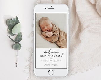 May include: A white smartphone screen displaying a welcome announcement for Kevin Adams, born on 17th October at 7:15 PM, weighing 7 lbs 4 oz and measuring 20 inches. The announcement includes a photo of a newborn baby sleeping in a white swaddle, and the text "welcomed with love by Olivia & Chris Adams."