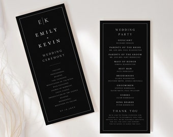 Black Wedding Program, Minimalist Wedding Program Template, Modern Order of Service, Printable Ceremony, DIY Program Card, WP-06