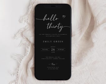 Black 30th Birthday Invitation Template, Elegant Digital Evite