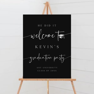 Plaque de bienvenue de l&#39;obtention du diplôme, affiche de bienvenue modifiable de la fête de remise des diplômes, plaque de fête des diplômés, décorations pour diplômés, affiche noire, SG-170