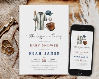 May include: A baseball-themed baby shower invitation with a watercolor illustration of a baseball jersey, bat, glove, and ball. The text reads "a little slugger is on the way" and "Baby Shower Honoring Noah James". The date and time of the shower are July 28th at 1 PM. The invitation also includes the address and RSVP information.
