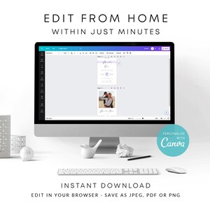 May include: A computer screen displaying a wedding invitation template on Canva. The template features a photo of a couple and the text "Amanda & Ryan". The text "Edit from home within just minutes" and "Personalize with Canva" are also visible on the screen.