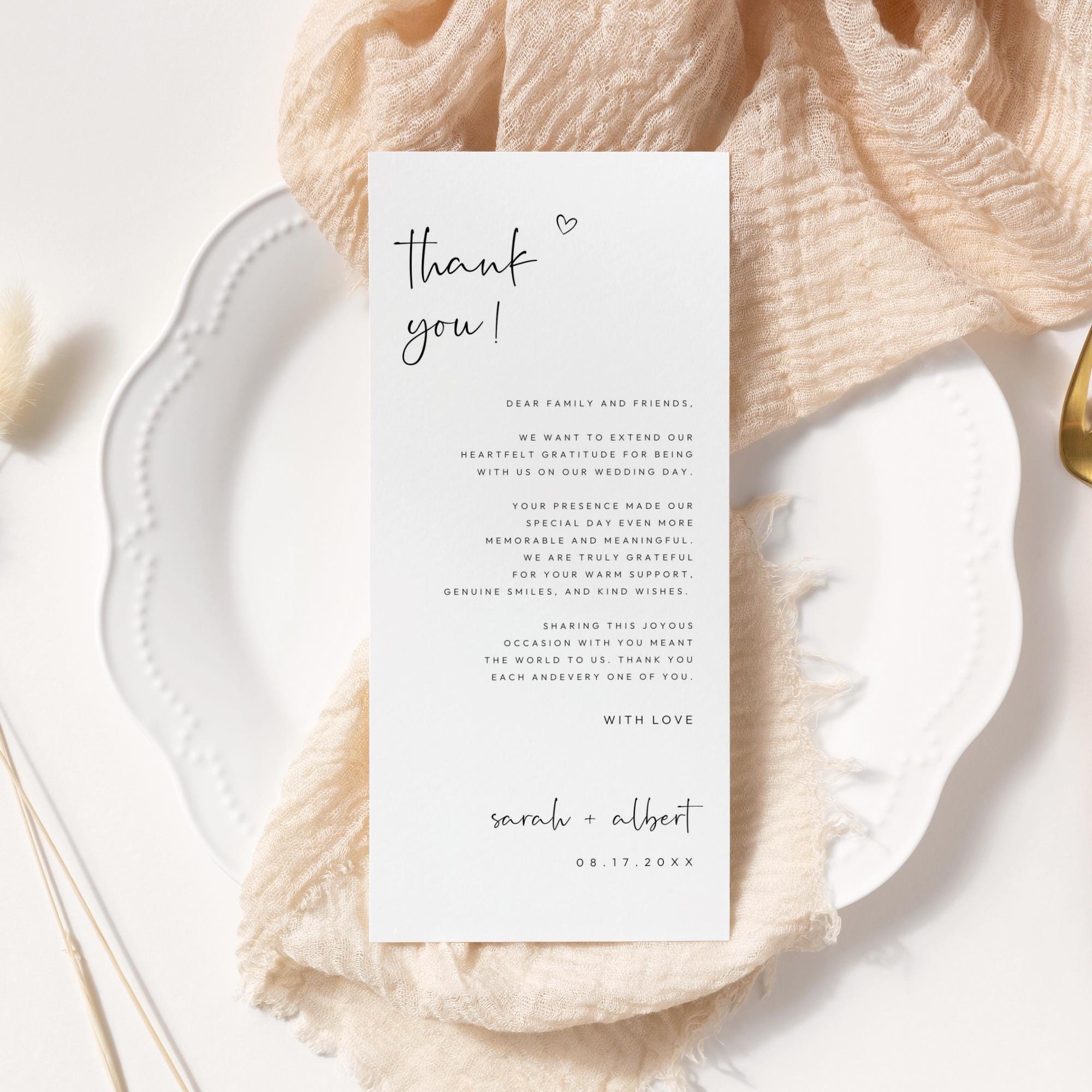 Personalised Minimalist Thank You Card, Printed Wedding Table Cards - Etsy