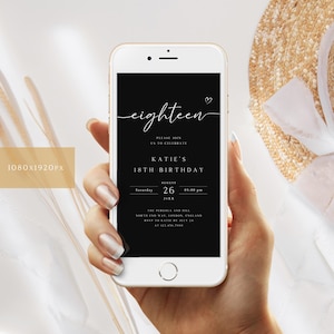 18th Birthday Invitation Template, Eighteen Birthday Party Digital Invite, Black 18th Birthday Evite, Eighteen Birthday E Card, AI-108
