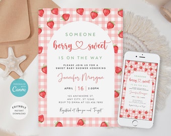 Invitación editable para baby shower con temática de fresas, invitación dulce con motivos de frutos rojos (digital)