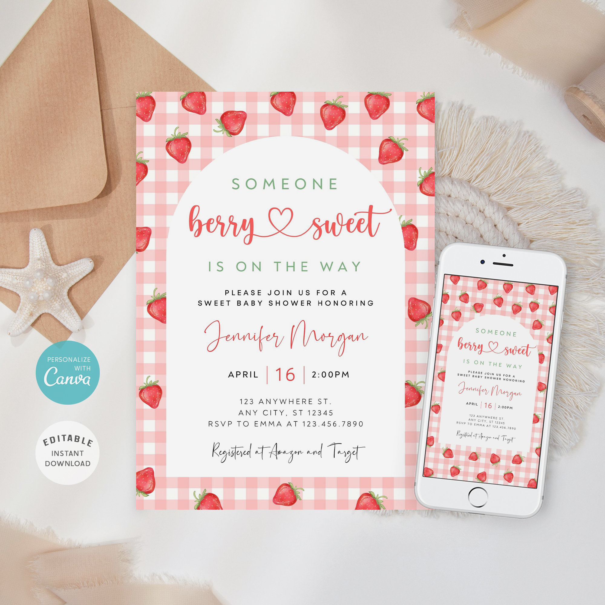 Editable Strawberry Baby Shower Invitation, Berry Sweet Baby on the Way Invite, Strawberry Baby Shower E-vite, Berry Sweet Invitation, B-346