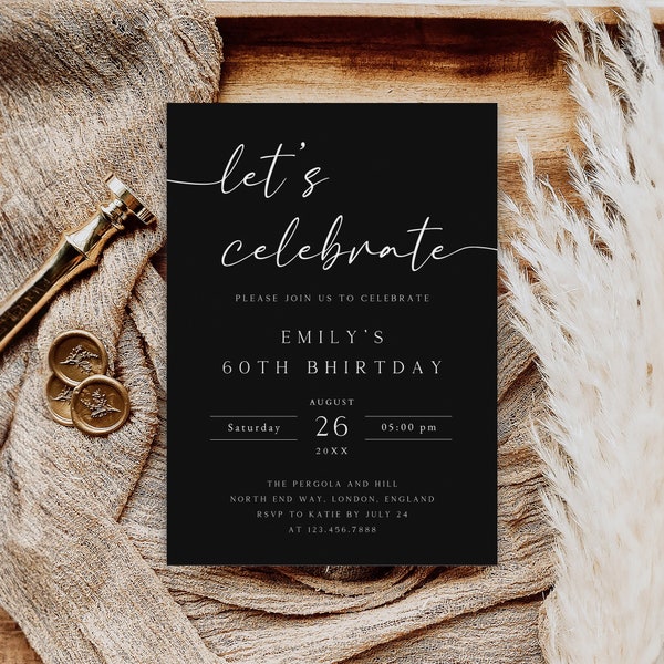 Let's Celebrate Invitation Template, Editable Surprise Birthday Party Invite, Anniversary Invites, Blacj Digital Invite, AI-03