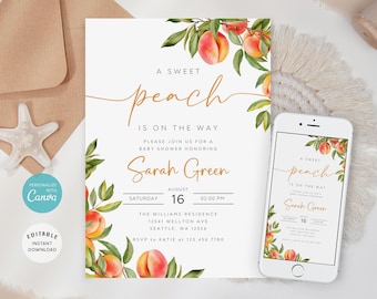 Peach Baby Shower Invitation Template, Editable Girl Invite (Digital Download)