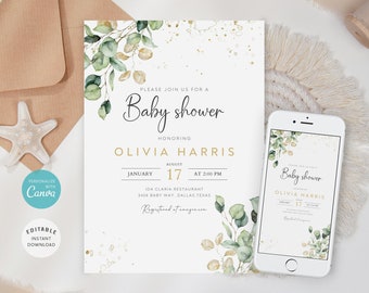 May include: A white baby shower invitation with gold lettering and a watercolor illustration of eucalyptus leaves. The invitation includes the text "Please join us for a Baby Shower honoring Olivia Harris" and the date and time of the event. The invitation also includes the location of the event and the registry information.