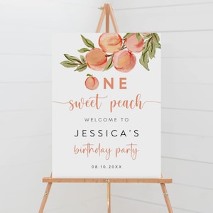 Letrero de bienvenida para primer cumpleaños de Peach, letrero de One Sweet Peach, decoración de cumpleaños de Peach, póster de primer cumpleaños de género neutro, plantilla editable, BS-55