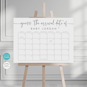 Pu&ograve; includere: Un calendario stampabile con il testo "guess the arrival date of BABY JORDAN" in alto. Il calendario &egrave; per i mesi di agosto e settembre. La data di scadenza &egrave; contrassegnata sul calendario.