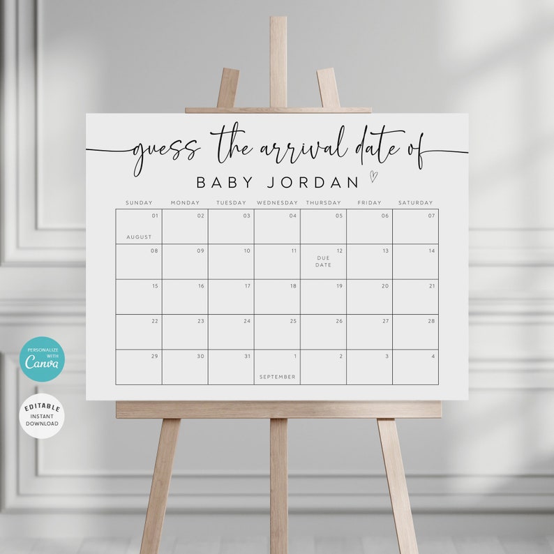 Pu&ograve; includere: Un calendario stampabile con il testo "guess the arrival date of BABY JORDAN" in alto. Il calendario &egrave; per i mesi di agosto e settembre. La data di scadenza &egrave; contrassegnata sul calendario.