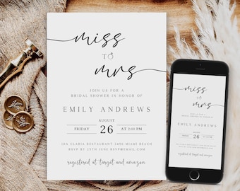 Miss to Mrs Bridal Shower Invitation Template, Editable Bridal Shower Invite, Bachelorette Party Invitation, Digital Download, BSI-89