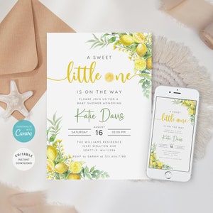 Editable Lemon Baby Shower Invitation, Lemonade Baby Shower Invite, Sweet Little One Baby Shower Invitation Template, Instant Download B-508