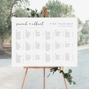 May include: A white seating chart with the text "sarah + albert" and "FIND YOUR SEAT" at the top. The chart lists names in alphabetical order under letters A through T, and V-W. The date "28.07.20XX. LONDON" is printed below the title.