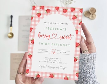 Strawberry Birthday Invitation Template, Berry Sweet Party Invite (Digital)