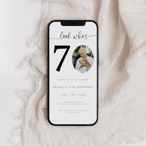 Look who’s 70 Electronic Invitation, Photo 70th Birthday Invite, Seventy Birthday Evite, Adult Birthday Text Message, 40th, 50th, AI-81