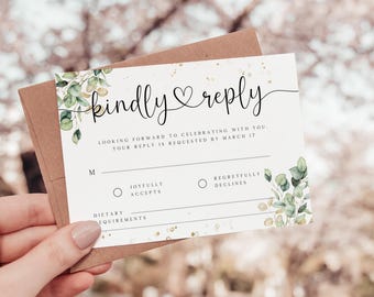 Plantilla de tarjeta de confirmación de asistencia para bodas con temática botánica y diseño de vegetación (descarga digital)
