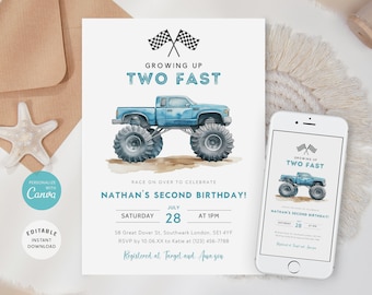Monster Truck Birthday Invite Template, Two Fast, Editable E-vite (Digital Download)