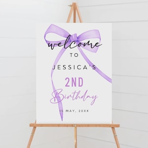 Editable Purple Bow Birthday Welcome Sign, Purple Ribbon 2nd Birthday Poster, Baby Shower Decorations, Girl Baby Birthday Decor, BS-120