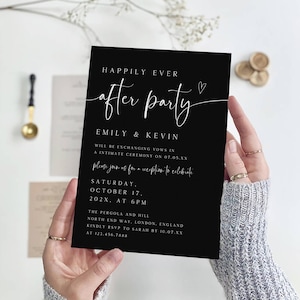 Edytowalny szablon zaproszenia na przyjęcie, czarne zaproszenie na przyjęcie Happily Ever After, minimalistyczna karta ogłoszenia ucieczki, Evite, PI-126