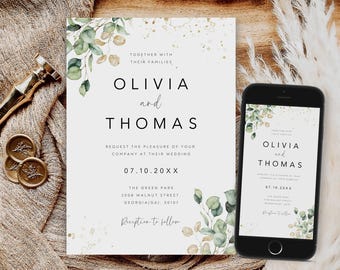 Eucalyptus Wedding Invitation Template, Greenery Evite (Instant Download)