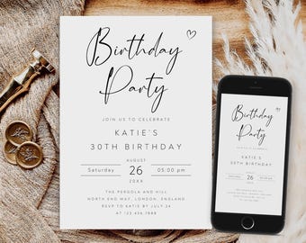 Editable Birthday Party Invitation Template, Elegant Design (Digital Download)