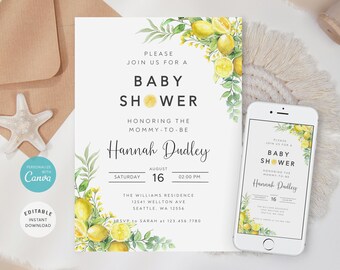 May include: A baby shower invitation with a lemon theme. The invitation features the text "Baby Shower" and details for the event, including the name "Hannah Dudley" and the date. A smartphone displays the same design. Watercolor lemons and greenery decorate the edges.