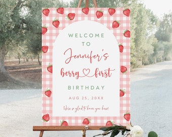 Strawberry First Birthday Welcome Sign, Editable Party Decor (Digital Download)