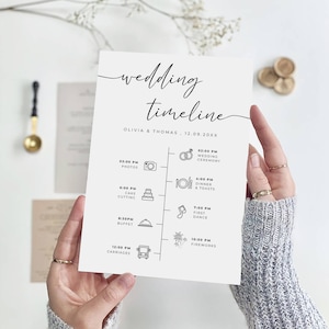 May include: A white wedding timeline card with black text and illustrations. The card reads "wedding timeline" and includes a schedule with times for photos, cake cutting, buffet, carriages, wedding ceremony, dinner & toasts, first dance, and fireworks.
