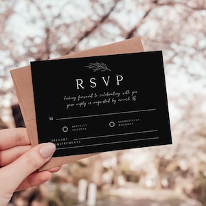 Moderne Hochzeits-Rsvp-Karte, Hochzeits-Antwortkartenvorlage, schwarze Rsvp-Karte, Rsvp-Postkarte, bearbeitbare Hochzeitsantwortkarte, Instant, RS-25