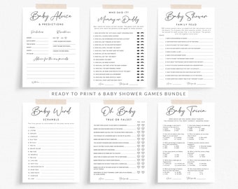 Paquete de juegos imprimibles para baby shower: Family Feud, Trivia (plantillas editables)