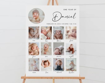 May include: A white poster featuring a photo collage of a baby boy's first year. The poster has the text "ONE YEAR OF Daniel" at the top and "FEBRUARY 05, 20XX | 09:30PM | 7LB. 5 OZ" below the name. The poster is divided into 12 squares, each containing a photo of the baby at a different age. The squares are labelled with the numbers one through twelve.