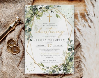 Greenery Christening Invitation, Eucalyptus Editable Template (Digital Download)
