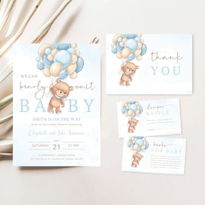 Braunbär-Ballon-Babyparty-Einladungsbündel, wir können Bären-Babyparty einladen, bearbeitbare blaue Ballon-Babyparty einladen, BSB-01